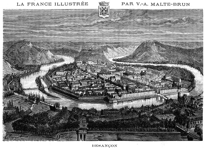 Besançon entourée par le Doubs vers 1880 - gravure reproduite et retouchée numériquement numériquement par © Norbert Pousseur