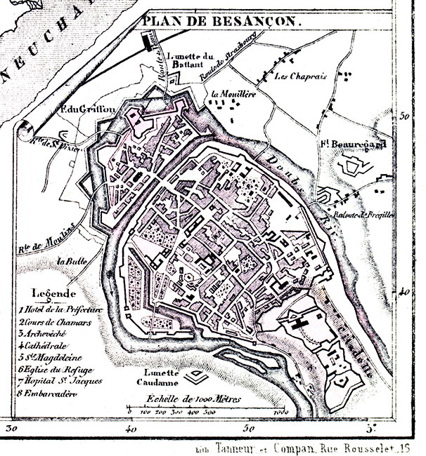 Plan de Besançon vers 1880 - gravure reproduite et retouchée numériquement par © Norbert Pousseur