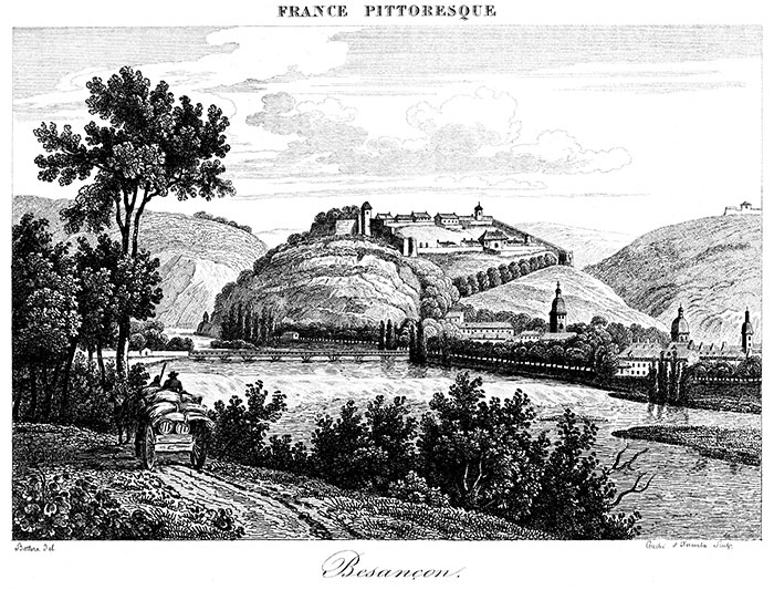 Besançon et sa citadelle vers 1830 - gravure reproduite et retouchée numériquement par © Norbert Pousseur