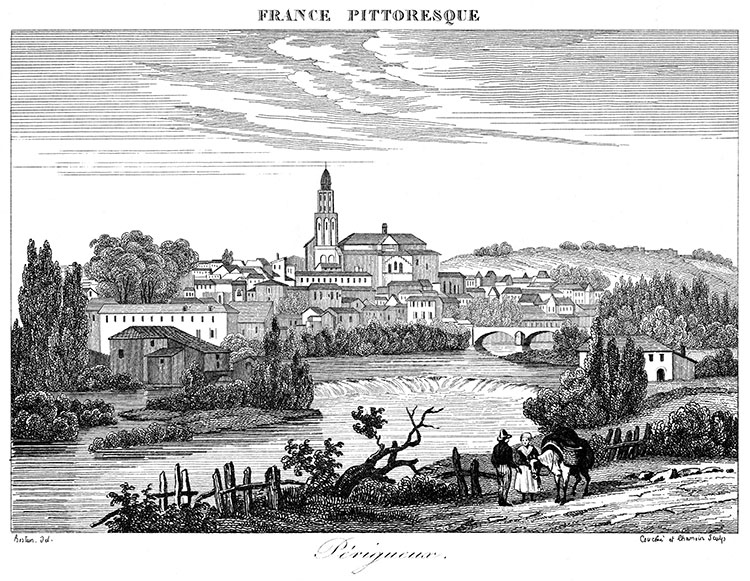 Vue générale de Périgueux vers 1830,  - gravure reproduite et restaurée numériquement par © Norbert Pousseur
