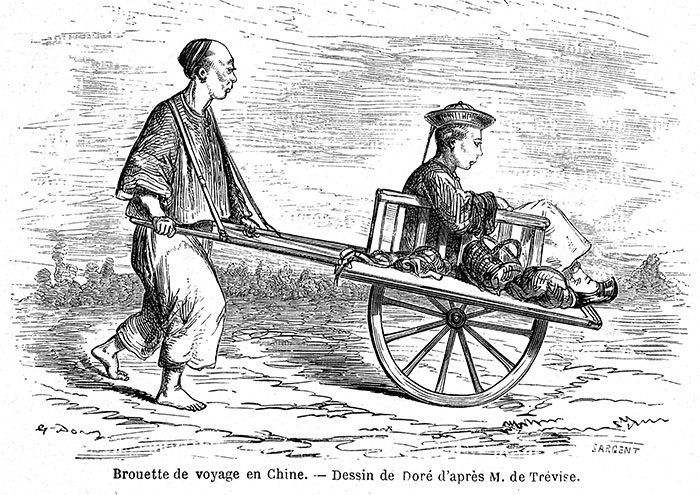 En Chine, paysan avec sa brouette de voyage - Gravure de Doré vers 1860, reproduite puis restaurée par  © Norbert Pousseur