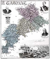 Zoom sur Carte du département de la Haute Garonne en 1883 - gravure reproduite et restaurée numériquement par © Norbert Pousseur