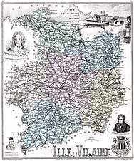 Zoom sur Carte du département d'Ille et Vilaine en 1883 - gravure reproduite et restaurée numériquement par © Norbert Pousseur