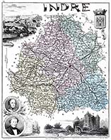 Zoom sur Carte du département de L'indre en 1883 - gravure reproduite et restaurée numériquement par © Norbert Pousseur