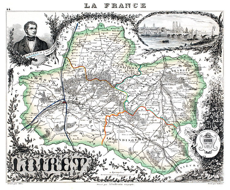 Carte du Loiret en 1851 - gravure reproduite et restaurée numériquement par © Norbert Pousseur Carte du département du Loiret en 1851 - gravure reproduite et restaurée numériquement par © Norbert Pousseur