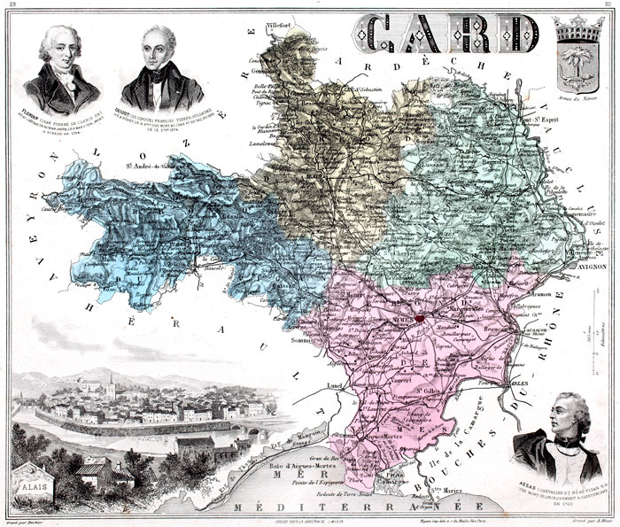 Carte du département du Gard en 1883 - gravure reproduite et restaurée numériquement par © Norbert Pousseur