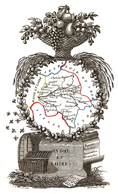 Carte succinte de L'Indre et Loire vers 1830 - gravure reproduite et restaurée numériquement par © Norbert Pousseur