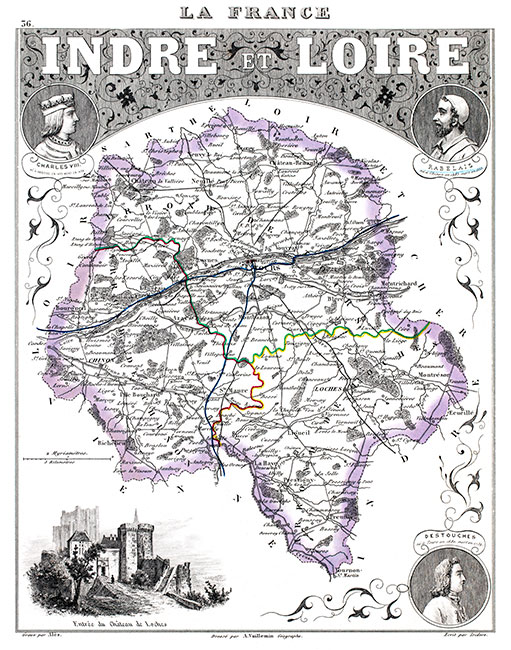 Carte du département de l'Indre et Loire en 1851 - gravure reproduite et restaurée numériquement par © Norbert Pousseur