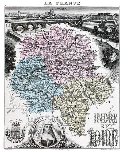 Carte du département d'Indre et Loire en 1883 - gravure reproduite et restaurée numériquement par © Norbert Pousseur