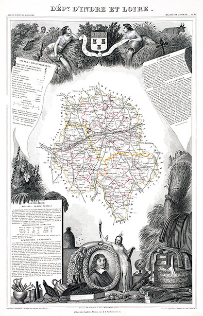 Carte par Levasseur de l'Indre et Loire en 1847 - gravure reproduite et restaurée numériquement par © Norbert Pousseur