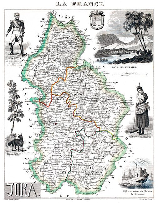 Carte du département du Jura en 1851 - gravure reproduite et restaurée numériquement par © Norbert Pousseur