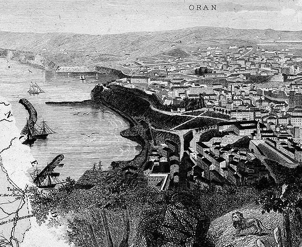 Gravure d'Oran depuis le bord de mer, en 1883 - gravure reproduite et restaurée numériquement par © Norbert Pousseur