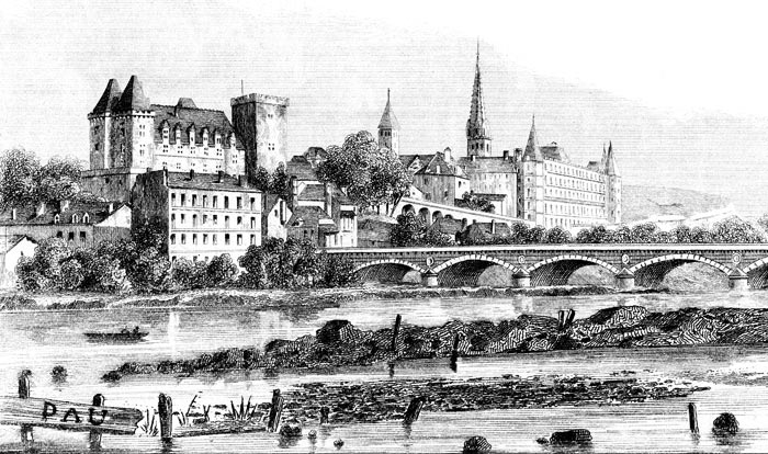 Gravure de la ville de Pau, en 1883 - gravure reproduite et restaurée numériquement par © Norbert Pousseur