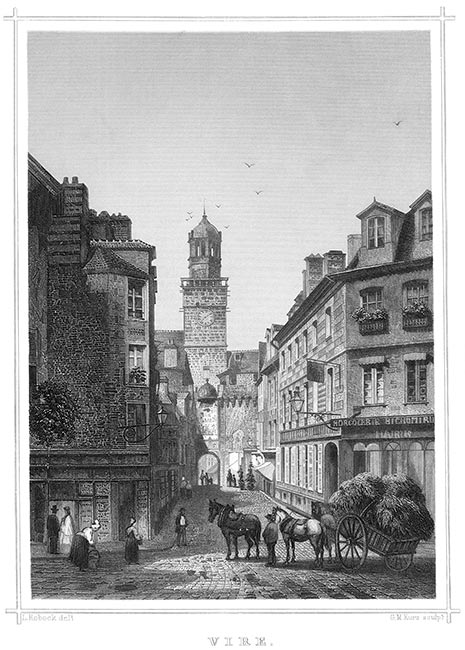 Tour de l'horloge de Vire vers 1860 par Ludwig Robock - gravure reproduite et restaurée numériquement par © Norbert Pousseur