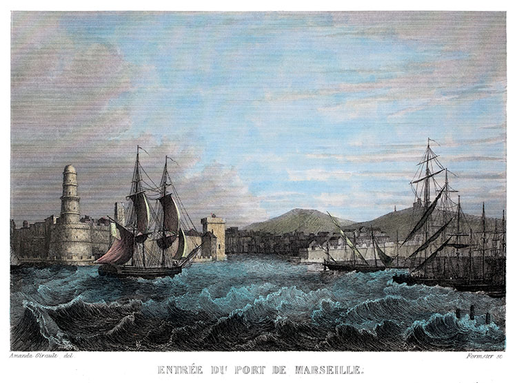 L'entrée du port de Marseille par Amanda Girault - gravure reproduite et restaurée par © Norbert Pousseur L'entrée du port de Marseille par Amanda Girault - gravure reproduite et restaurée par © Norbert Pousseur