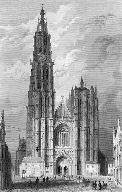 Gravure de la cathédrale d'Anvers par Henry Barlett - gravure reproduite et restaurée numériquement par © Norbert Pousseur