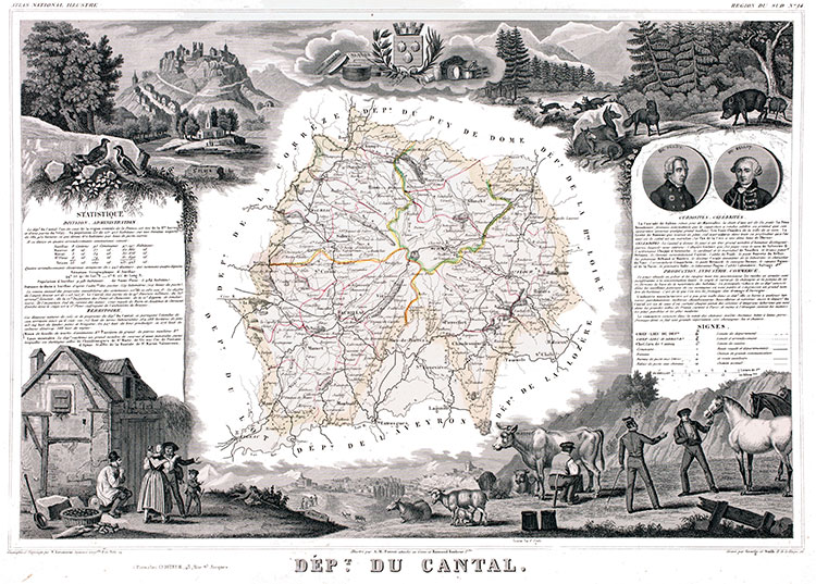 Carte du Cantal  par Levasseur, 1847 - gravure reproduite et restaurée numériquement par © Norbert Pousseur