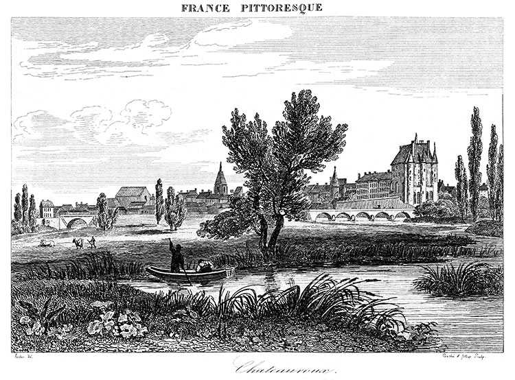 Châteauroux et l'Indre vers 1830- gravure reproduite et restaurée numériquement par © Norbert Pousseur