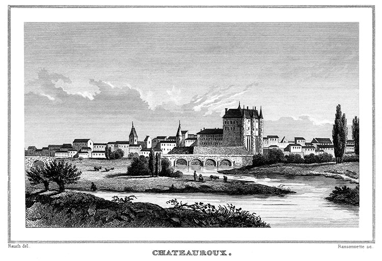 Vue générale de Châteauroux, vers 1835 - gravure reproduite et restaurée numériquement par © Norbert Pousseur