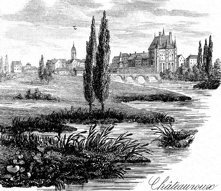 Châteauroux, vers 1850 - gravure reproduite et retouchée par © Norbert Pousseur