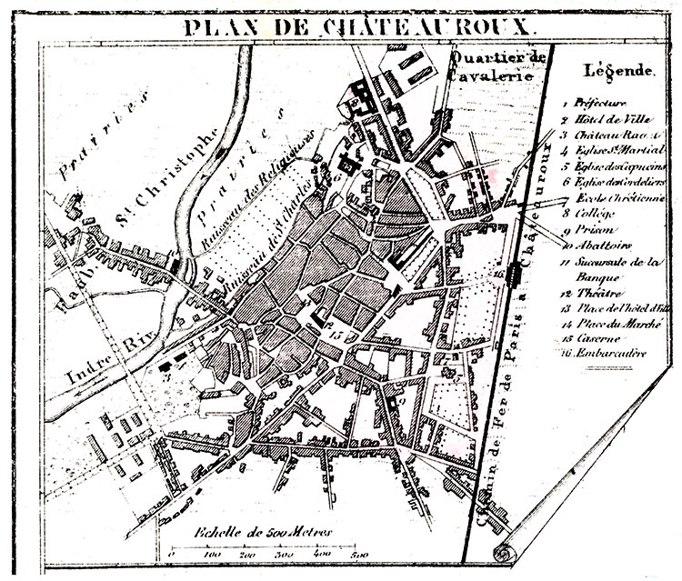 Plan de Châteauroux vers 1860 - gravure reproduite et restaurée numériquement par © Norbert Pousseur