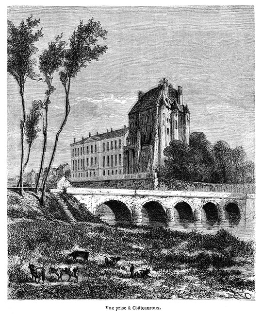 L'ancien château de Châteauroux vers 1870 - gravure reproduite et restaurée numériquement par © Norbert Pousseur