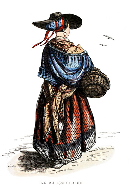 Une Marseillaise en costume traditionnel du 19ème siècle - gravure reproduite et restaurée par © Norbert Pousseur