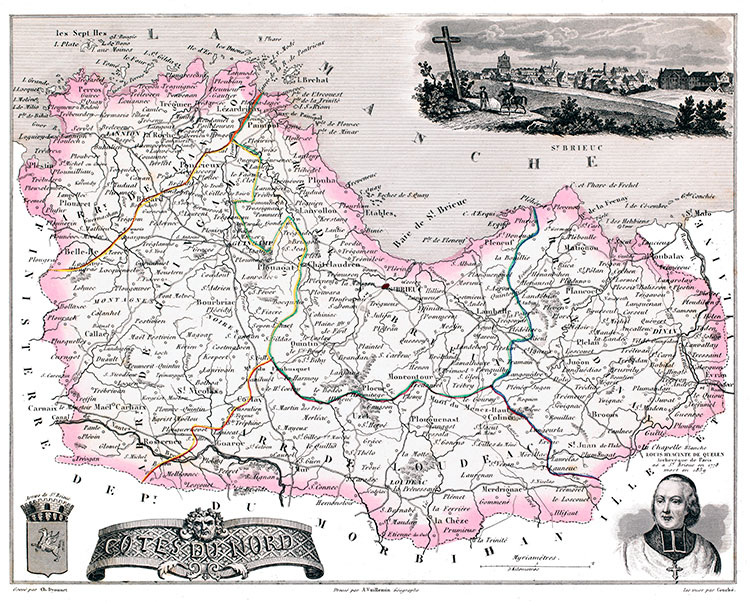 Carte du département des Côtes d'Armor en 1851 - gravure reproduite et restaurée numériquement par © Norbert Pousseur