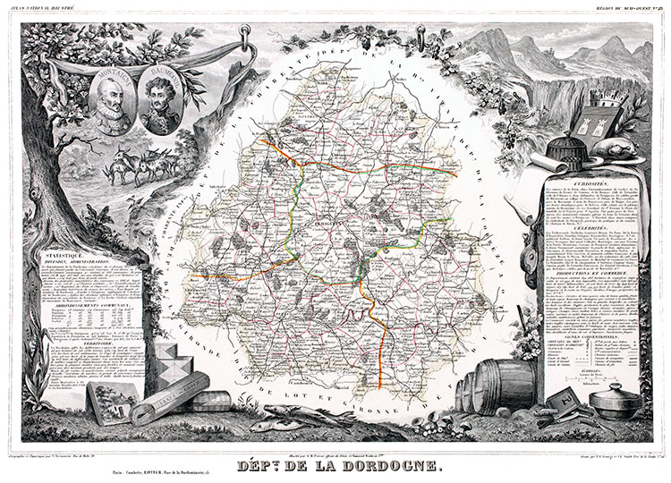 Carte par Levasseur de la Dordogne en 1847 - gravure reproduite et restaurée numériquement par © Norbert Pousseur