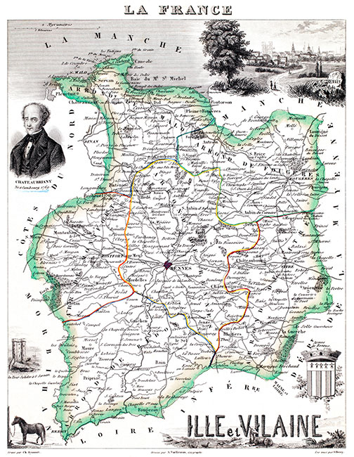 Carte du département d'Ille et Vilaine en 1851 - gravure reproduite et restaurée numériquement par © Norbert Pousseur