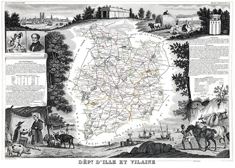 Carte de Levasseur d'Ille et Vilaine en 1847 - gravure reproduite et restaurée numériquement par © Norbert Pousseur