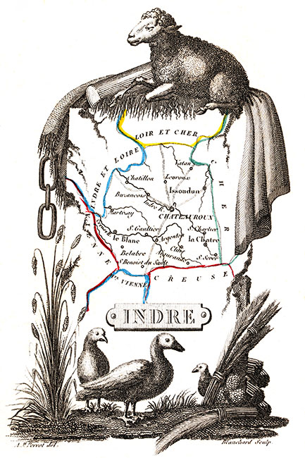 Carte succinte de L'indre vers 1830 - gravure reproduite et restaurée numériquement par © Norbert Pousseur