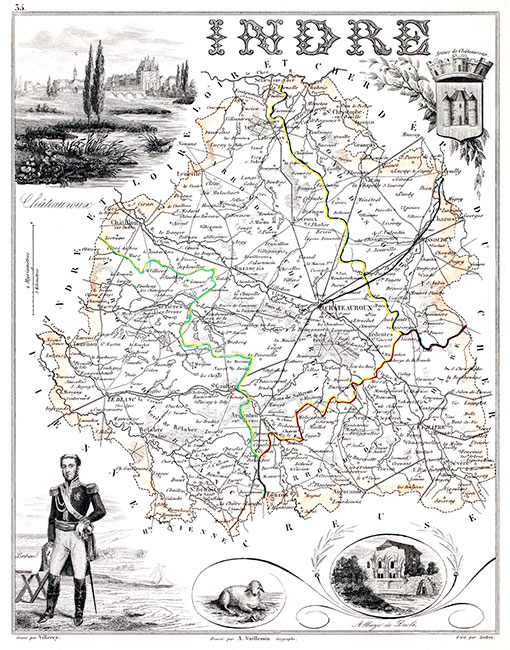 Carte du département de L'indre en 1851 - gravure reproduite et restaurée numériquement par © Norbert Pousseur