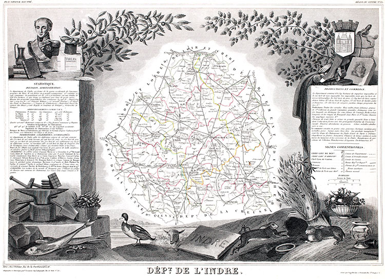 Carte par Levasseur de L'indre en 1847 - gravure reproduite et restaurée numériquement par © Norbert Pousseur