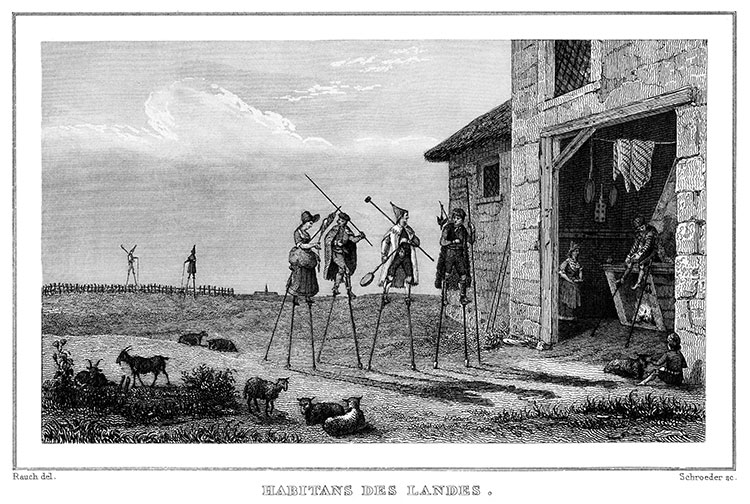 Habitants des Landes sur leurs échasses - gravure reproduite et restaurée par © Norbert Pousseur