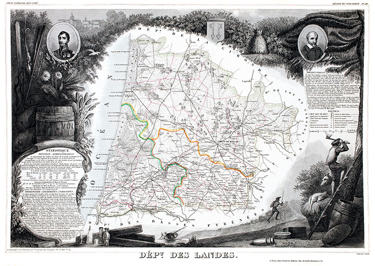 Carte de Levasseur du département des Landes en 1847 - gravure reproduite et restaurée numériquement par © Norbert Pousseur