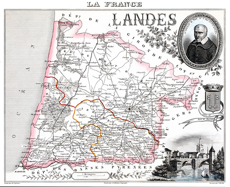 Carte du département des Landes par Vuillemin en 1851 - gravure reproduite et restaurée numériquement par © Norbert Pousseur