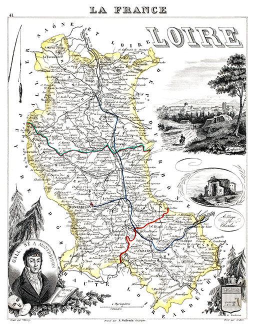 Carte de la Loire par Vuillemin, 1851 - gravure reproduite et restaurée numériquement par © Norbert Pousseur Carte de la Loire par Vuillemin, 1851 - gravure reproduite et restaurée numériquement par © Norbert Pousseur