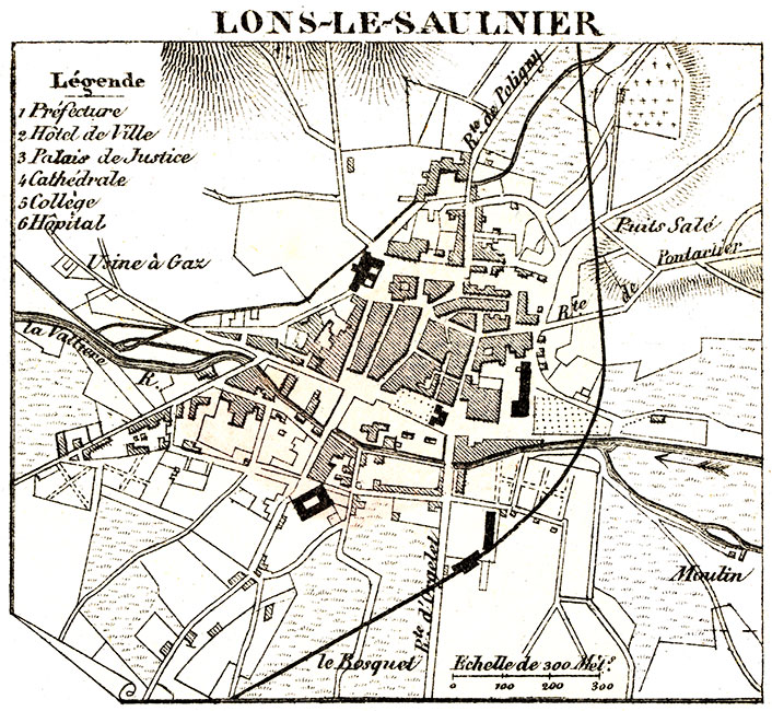 Plan de Lons le saulnier vers 1880 - gravure reproduite et restaurée numériquement par © Norbert Pousseur