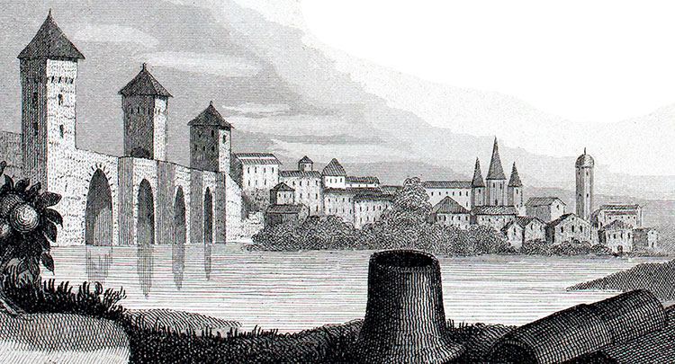 Cahors vers 1840 - vue de la carte de Levasseur - gravure reproduite et restaurée numériquement par © Norbert Pousseur Cahors vers 1840 - vue de la carte de Levasseur - gravure reproduite et restaurée numériquement par © Norbert Pousseur