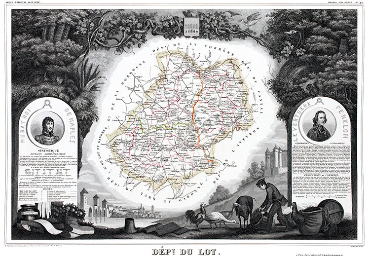 Carte de Levasseur du Lot en 1847 - gravure reproduite et restaurée numériquement par © Norbert Pousseur Carte de Levasseur du Lot en 1847 - gravure reproduite et restaurée numériquement par © Norbert Pousseur