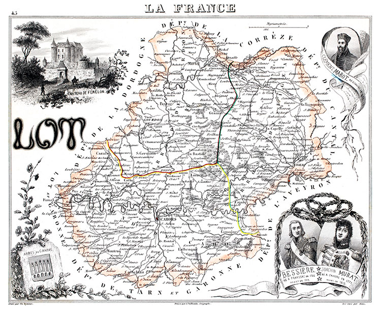 Carte du Lot en 1851 - gravure reproduite et restaurée numériquement par © Norbert Pousseur Carte du département du Lot en 1851 - gravure reproduite et restaurée numériquement par © Norbert Pousseur