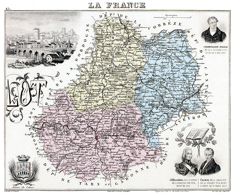 Carte du département du Lot en 1883 - gravure reproduite et restaurée numériquement par © Norbert Pousseur Carte du département du Lot en 1883 - gravure reproduite et restaurée numériquement par © Norbert Pousseur
