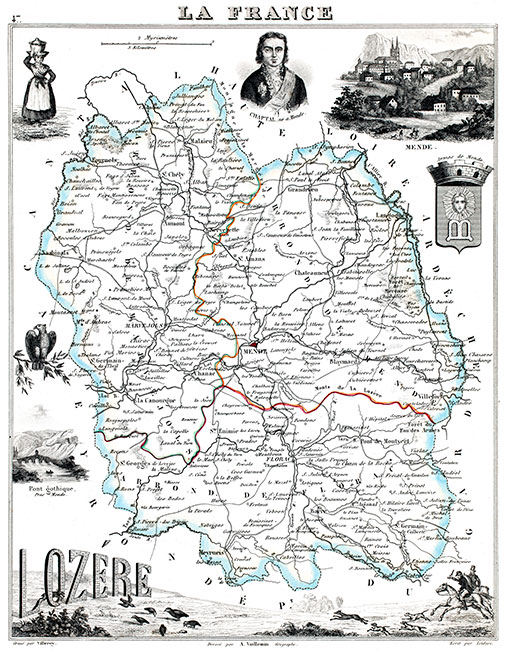 Carte de la Lozère en 1851 - gravure reproduite et restaurée numériquement par © Norbert Pousseur Carte du département de la Lozère en 1851 - gravure reproduite et restaurée numériquement par © Norbert Pousseur