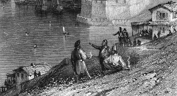 Maghrébins fumant la pipe à l''entrée du port de Marseille par Thomas Allom vers 1830 - gravure reproduite et restaurée par © Norbert Pousseur Maghrébins fumant la pipe à l''entrée du port de Marseille par Thomas Allom vers 1830 - gravure reproduite et restaurée par © Norbert Pousseur