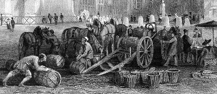 échargement de tonneaux et de paniers à Marseille vers 1830 - gravure reproduite et restaurée par © Norbert Pousseur Déchargement de tonneaux et de paniers à Marseille vers 1830 - gravure reproduite et restaurée par © Norbert Pousseur