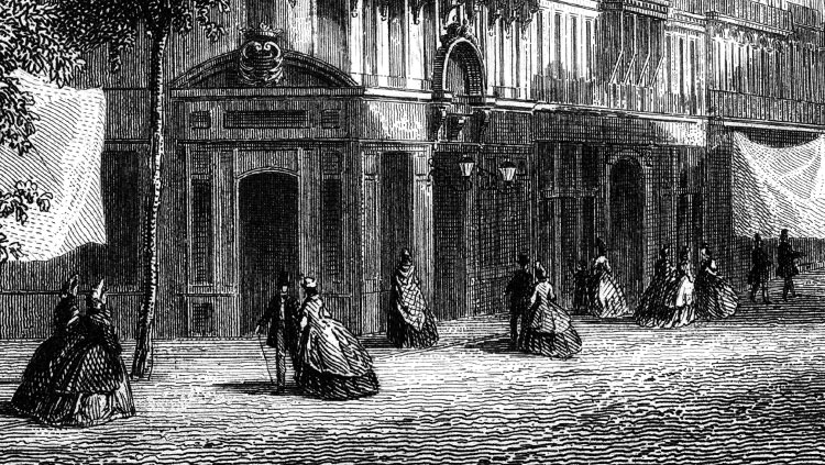 Dames en crinolines et messieurs en chapeaux hauts à Marseille vers 1860 - gravure d'Adolphe Rouargue reproduite et restaurée par © Norbert Pousseur Dames en crinolines et messieurs en chapeaux hauts à Marseille vers 1860 - gravure d'Adolphe Rouargue reproduite et restaurée par © Norbert Pousseur