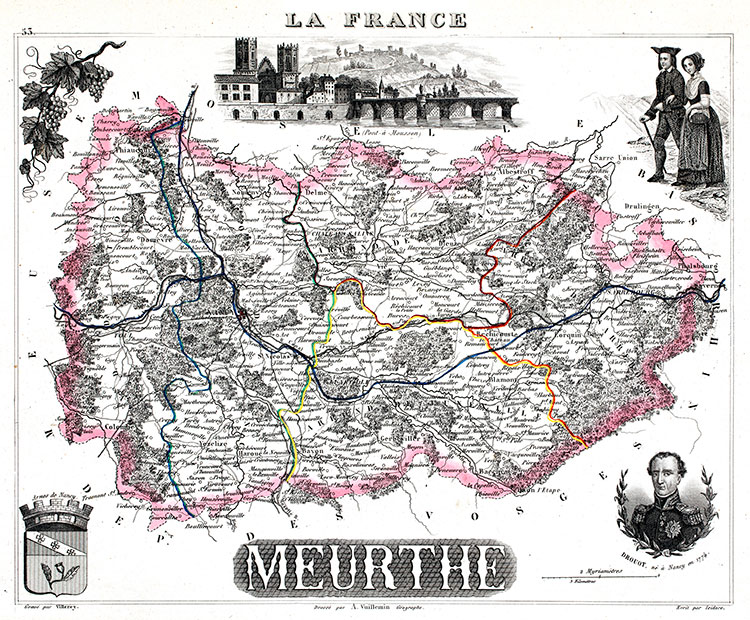 Carte du Meurthe en 1851 - gravure reproduite et restaurée numériquement par © Norbert Pousseur Carte du département du Meurthe en 1851 - gravure reproduite et restaurée numériquement par © Norbert Pousseur