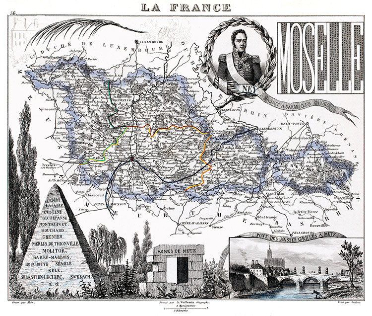 Carte du département de la Moselle en 1851 - gravure reproduite et restaurée numériquement par © Norbert Pousseur Carte du département de la Moselle en 1851 - gravure reproduite et restaurée numériquement par © Norbert Pousseur