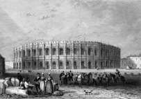 Zoom sur Arènes de Nîmes vers 1855 - gravure reproduite et retouchée numériquement par © Norbert Pousseur